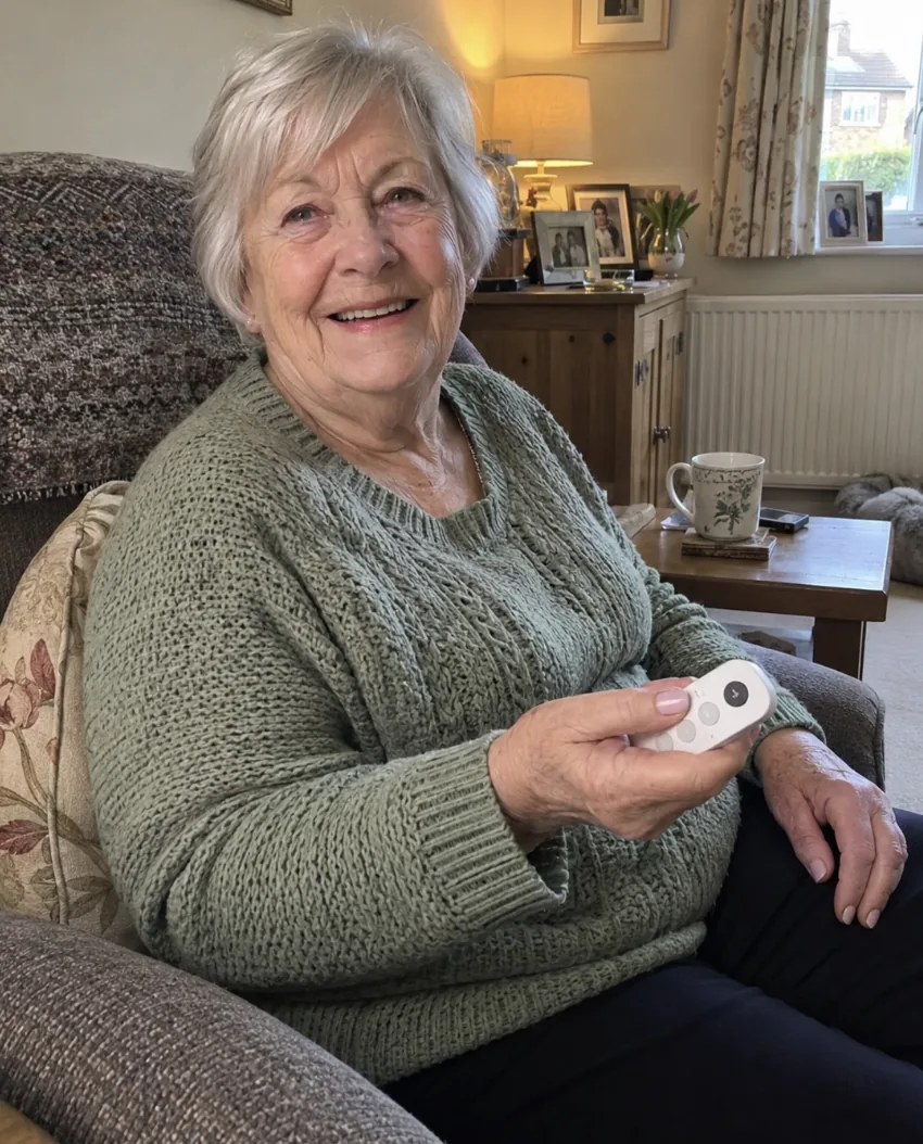 Customer holding her smart home remote in her living room