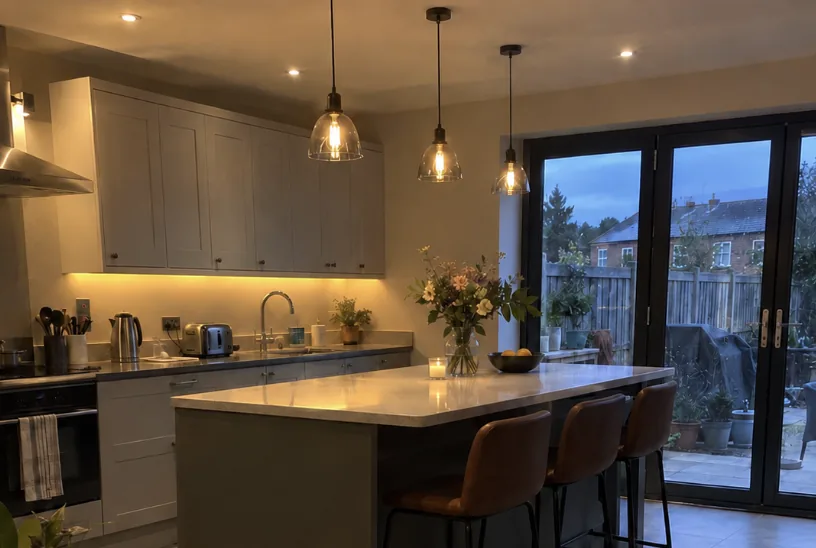 Kitchen with smart pendant lighting