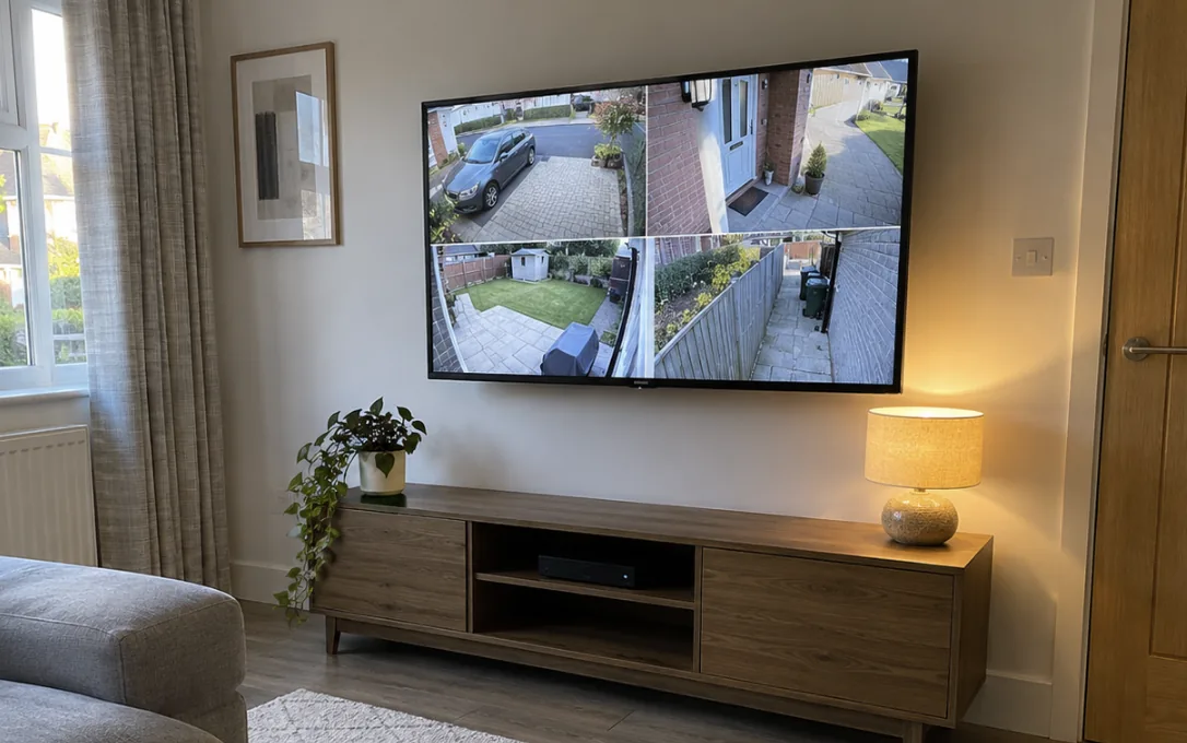 Camera feeds on a living room TV in a Dover home