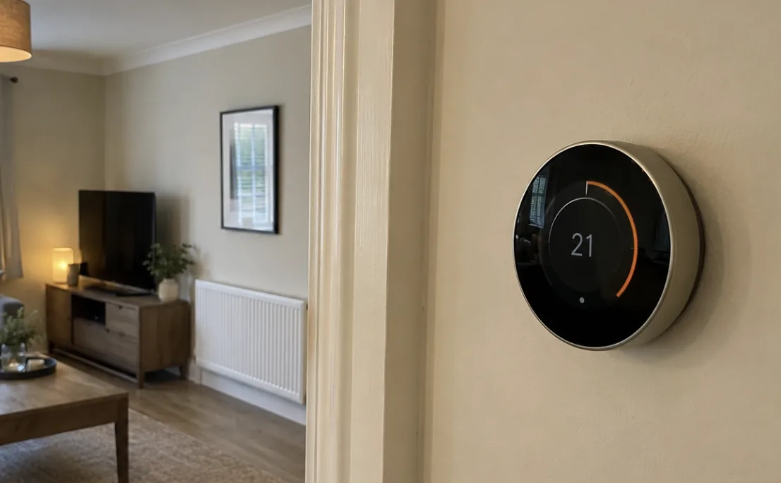 Smart thermostat in a Canterbury hallway