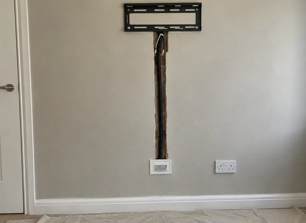 Cables chased into a wall behind a TV bracket